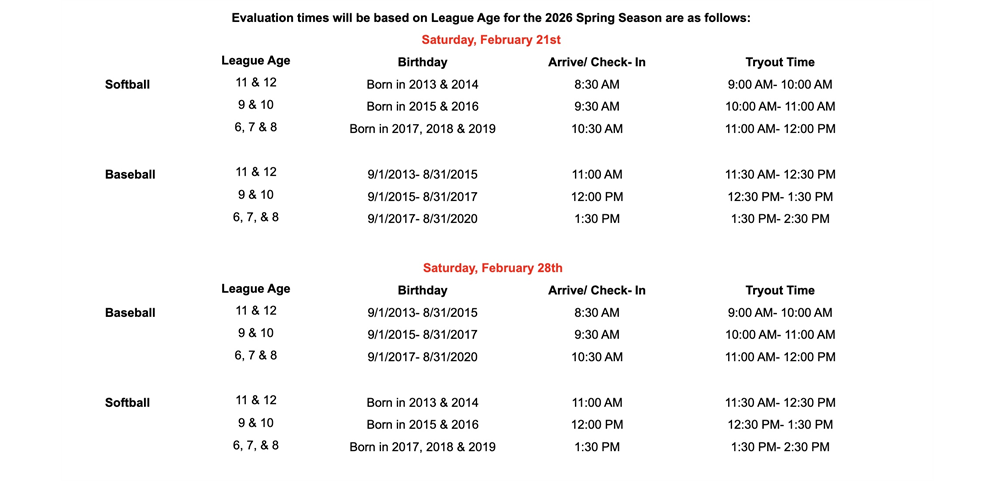 2026 Spring Eval Dates & Times