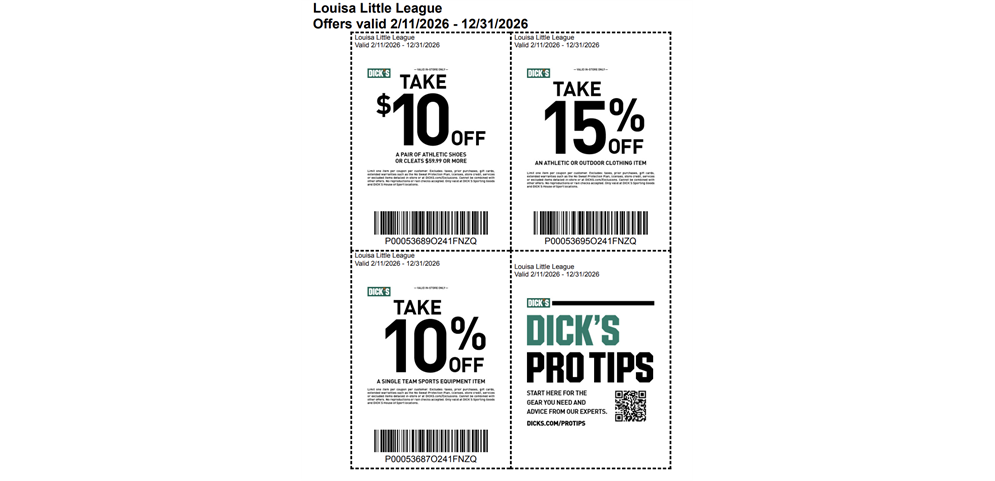 Dicks Sporting Goods: Louisa Little League Coupons